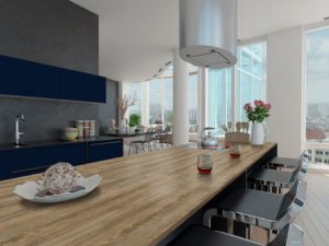 Interior de cocinas con tableros compactos.